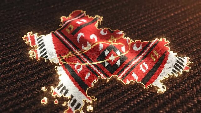 The vibrant red and black traditional textile pattern forms a detailed nagaland map animated with a glowing golden outline, symbolizing the rich cultural heritage and geographical identity of this.