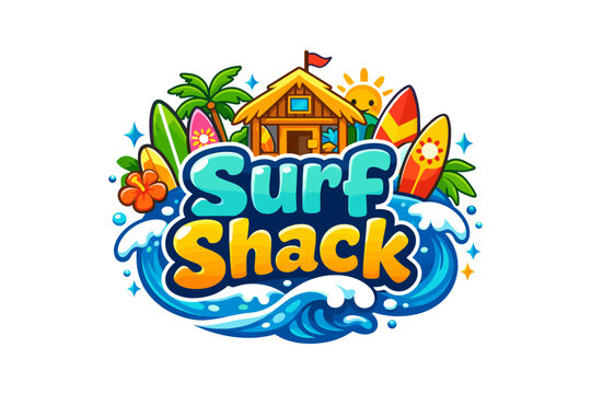 Colorful surf shack design with tropical elements and surfboards