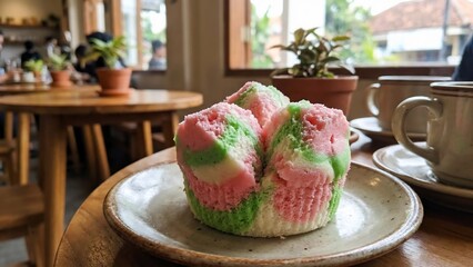 Colorful Steamed Cupcakes on a Plate in a Cozy Cafe Setting.