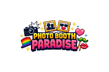 Retro photo booth logo with pixel art camera and props