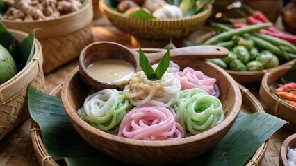 Colorful Thai Rice Noodles with Peanut Sauce and Fresh Vegetables.