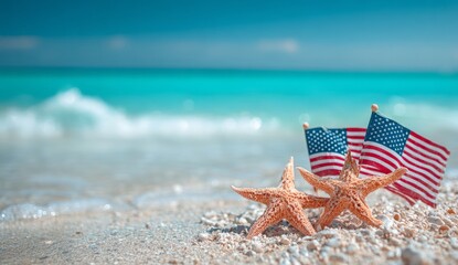 Starfish and American Flags on Beach Sand with Turquoise Ocean and Blue Sky