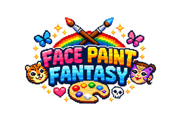Fototapeta premium Colorful pixel art face paint elements with animals and rainbow