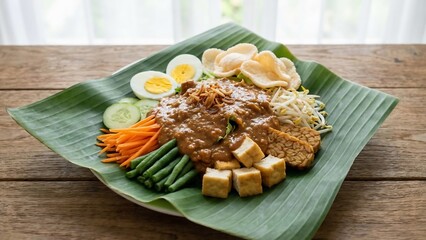 Delicious Gado-Gado, an Indonesian salad with peanut sauce, fresh vegetables, tofu, tempeh, and boiled eggs, served on a banana leaf.