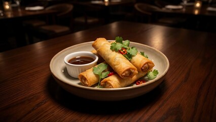 Crispy Golden Spring Rolls with Dipping Sauce on a Dark Wooden Table.