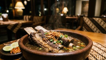 Delicious Indonesian Beef Rib Soup with Herbs and Spices Served in a Traditional Bowl.