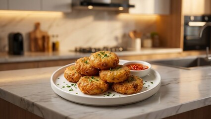 Delicious golden-brown fried dumplings served on a white plate with a side of red dipping sauce in a modern kitchen setting.