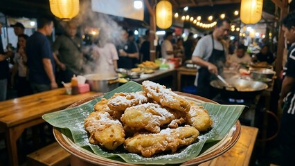Delicious fried bananas with powdered sugar served on a banana leaf at a vibrant night market.