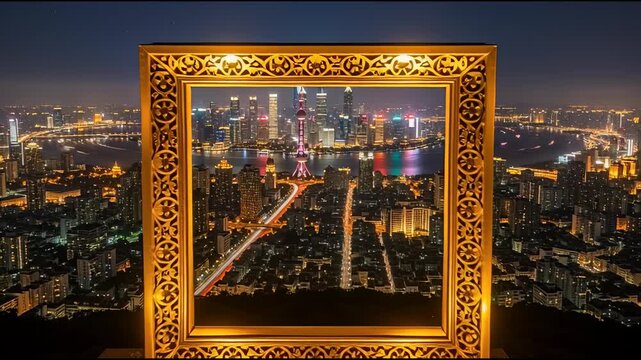 Cityscape framed by ornate gold window against night skyline background