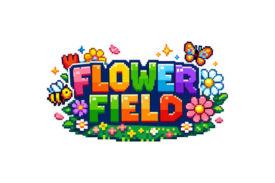 Colorful pixel art flower field with butterflies and bees