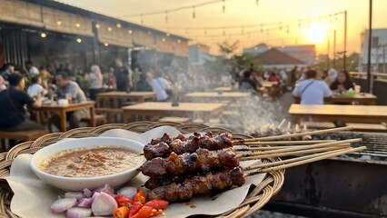Delicious Indonesian Satay Skewers with Peanut Sauce Served at an Outdoor Night Market.