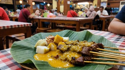 Delicious Indonesian Satay with Peanut Sauce Served on a Banana Leaf in a Bustling Restaurant Setting.