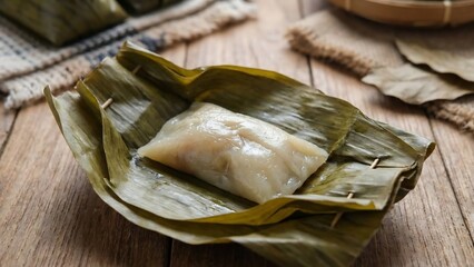 Delicious Indonesian Traditional Snack Nagasari Wrapped in Banana Leaf on Wooden Table.