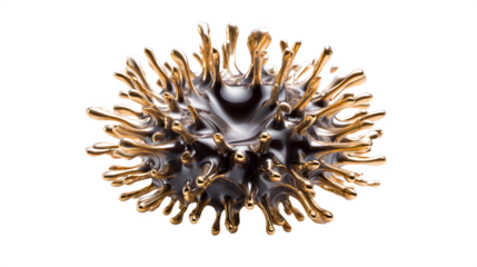A smooth blob of gold ferrofluid magnetic liquid on a white background with spikes and tendrils, displaying a unique blend of metallic and liquid properties, science