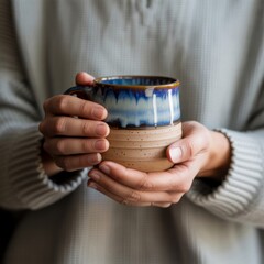 Hands holding a ceramic mug with blue and beige glaze, featuring a textured surface and rounded shape, against a soft neutral fabric background under natural light.