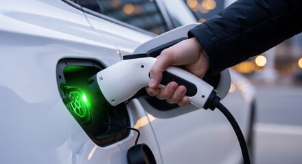 Close-Up of Hand Plugging Charging Cable into Electric Car at Public Station. Represents green energy, electric vehicle infrastructure, and sustainable transport.