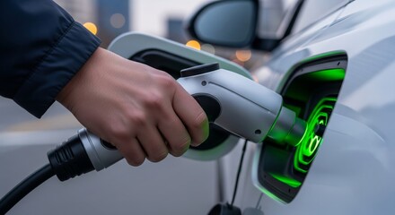 Close-Up of Hand Plugging Charging Cable into Electric Car at Public Station. Represents green energy, electric vehicle infrastructure, and sustainable transport.