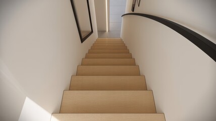 Modern interior staircase with wooden steps, white walls, and a curved black handrail, viewed from above with soft ambient lighting and clean architectural lines.