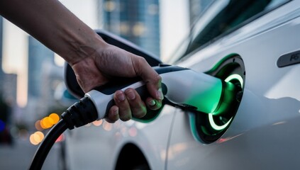 Close-Up of Hand Plugging Charging Cable into Electric Car at Public Station. Represents green energy, electric vehicle infrastructure, and sustainable transport.