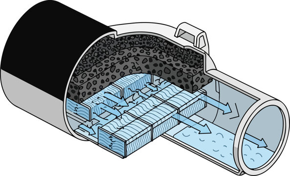 Detailed crosssection of a water filtration system within a pipe showing water flow and filter components.