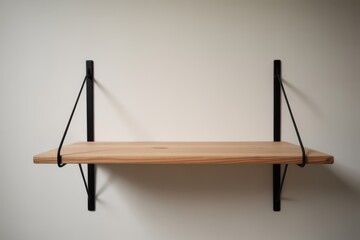 Minimal wall-mounted wooden shelf with black metal brackets on a light wall, clean horizontal surface with visible wood grain, evenly lit with soft shadows.