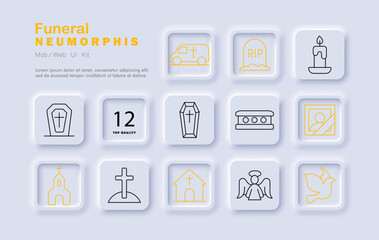 Funeral set icon. Hearse, tombstone, RIP marker, coffin, casket, memorial image, candle, church, cross, chapel, angel, dove rendered in neumorphic solemn line theme for mourning visuals.