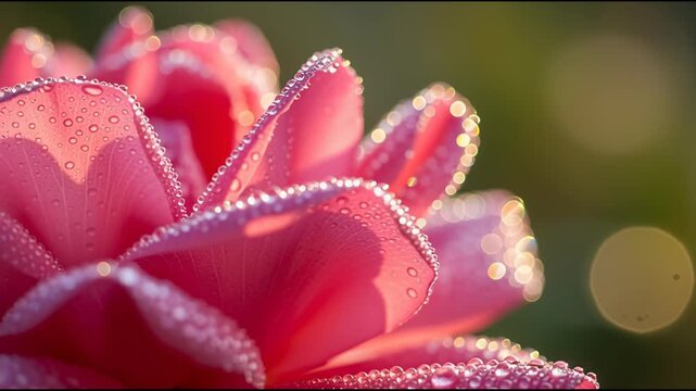 Close up of pink rose with water droplets illuminated by sunlight
