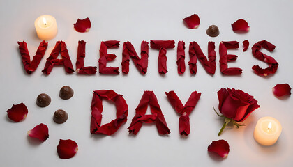 A romantic Valentine&rsquo;s Day composition featuring the words &ldquo;Valentine&rsquo;s Day&rdquo; spelled with rose petals and a soft pink heart backdrop&mdash;4K and HD image