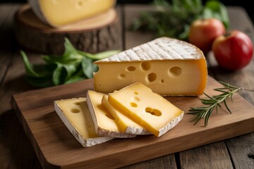 Cheese wedge and sliced pieces with holes on a wooden cutting board, surrounded by fresh herbs and tomatoes on a rustic table under soft natural light.