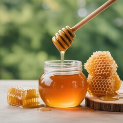 Glass jar filled with amber honey on a wooden surface, honey dipper dripping honey above the jar, honeycomb pieces nearby, soft natural light and blurred green background.