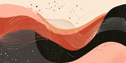 Abstract flowing wave pattern with layered curves in red pink peach tones