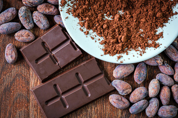 Cocoa powder ,organic cocoa beans Ingredient for preparating chocolate . Top view of Chocolate bar
