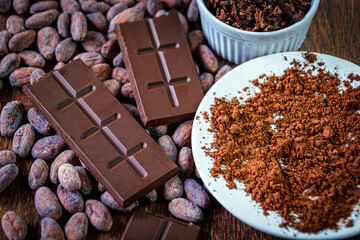 Cocoa Products, Chocolate bar Cocoa powder and cocoa beans, clos-up, top view