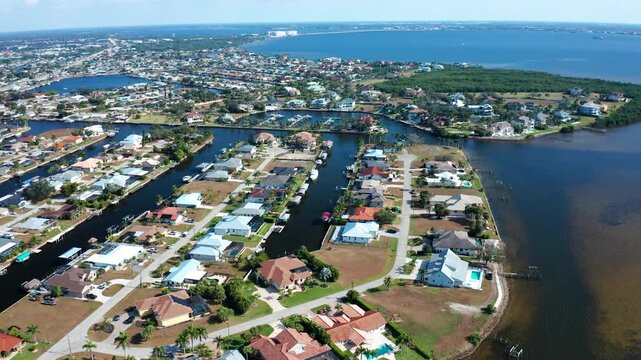 Residential neighborhood featuring waterfront houses with docks and canals alongside a calm bay or lagoon, set in a sunny coastal environment in Florida.