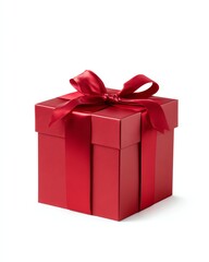 Obraz premium A Crimson Delight: A captivating presentation of a vibrant red gift box, adorned with a lustrous ribbon and bow, symbolizes heartfelt giving and the joy of receiving.