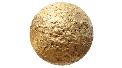 Rough textured gold sphere with cratered surface on white background with metallic and precious and asteroid and rock and mineral and space and geology