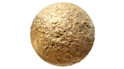 Rough textured gold sphere with cratered surface on white background with metallic and precious and asteroid and rock and mineral and space and geology