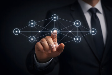 Businessman's finger interacting with a digital network diagram