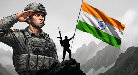 Indian Soldier Saluting with National Flag on Mountain Peak Republic Day Patriotic Illustration