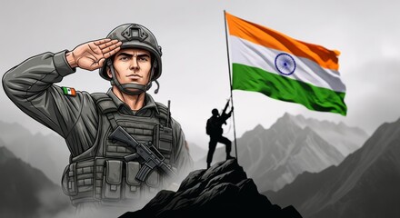 Indian Soldier Saluting with National Flag on Mountain Peak Republic Day Patriotic Illustration