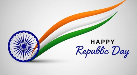 Happy Republic Day of India with Ashoka Chakra and Tricolor Wave Vector Illustration