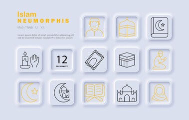 Islam set icon. Man face, golden dome, crescent book, prayer candle, rug mat, Kaaba cube, kneeling person, moon symbol, Quran, mosque, headscarf drawn with neumorphic outline highlights.