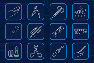 Manicure set icon. Nail polish, scissors, clipper, file, tweezers, drill, cuticle pusher, manicure brush, nail design, beauty, self care, salon tools.