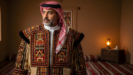 Obraz premium Traditional Tabuk Dress: A man wearing a heavy 