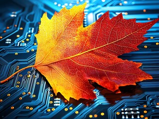 Autumn Leaf on Circuit Board: Green Technology and Sustainability Concept