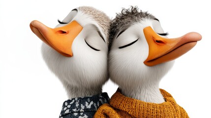 Two cartoon ducks with closed eyes, wearing cozy sweaters, are embracing each other in a warm and affectionate pose, showcasing friendship and love in a whimsical illustration
