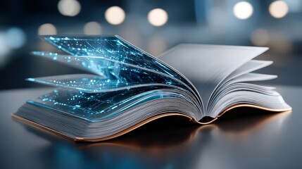 Open book with glowing pages, showcasing digital data and light effects, symbolizing knowledge and technology, with a blurred background creating a dreamy atmosphere
