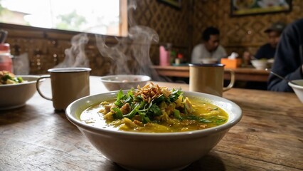 Steaming Bowl of Traditional Indonesian Soto Soup Served on a Rustic Wooden Table in a Cozy Restaurant Setting.
