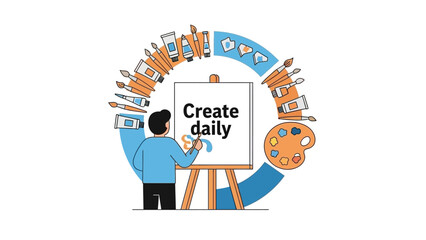 Man Painting on Easel with Art Supplies Circle Vector Illustration