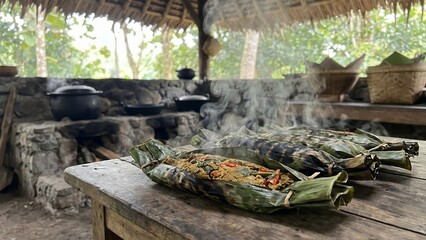 Traditional Cooking in a Rustic Outdoor Kitchen with Steaming Food Wrapped in Banana Leaves.